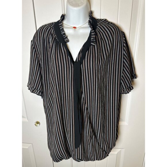 Suzane Betro Black & White Striped Blouse with Ruffled Neck & Sleeves, 1X - Picture 3 of 9